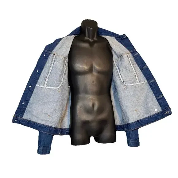 VTG Wrangler Western Denim Jacket Men LG Classic Trucker Dark Blue Jean Button - Picture 7 of 9